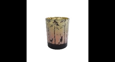 Theelichthouder Forest Hert in Bos Groen/Rood Glas 12.5x10x10cm