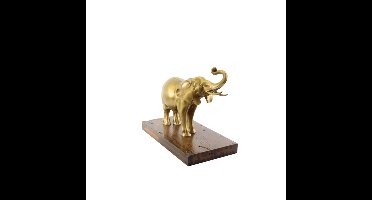A BRONZE SCULPTURE OF AN ELEPHANT MOUNTED ON A WOODEN PLANK
