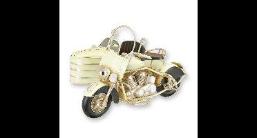 A TIN MODEL OF A MOTORCYCLE WITH SIDE CAR