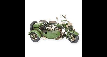 A TIN MODEL OF A MILITARY MOTORCYLCE WITH SIDECAR