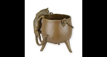 A BRONZE SCULPTURE OF A CAT CLIMBING IN A POT