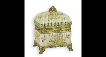 A BRASS MOUNTED PORCELAIN BOX AND COVER