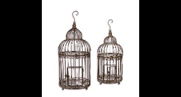 A PAIR OF BROWN IRON BIRDCAGES