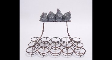 AN IRON EGG RACK MOUNTED WITH RESIN HENS