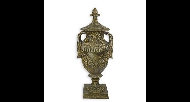 A CAST IRON ORNAMENTAL GARDEN URN ON STAND, BRONZE LOOK