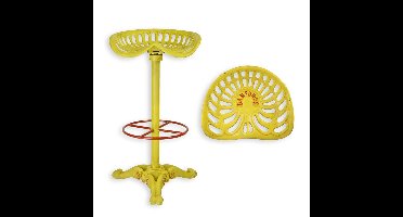 A CAST IRON BAR STOOL, YELLOW AND RED