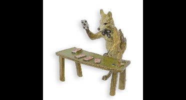 A BRONZE SCULPTURE OF A FOX PLAYING CARDS