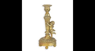 A RESIN CANDLE-STICK MOUNTED WITH A PUTTO