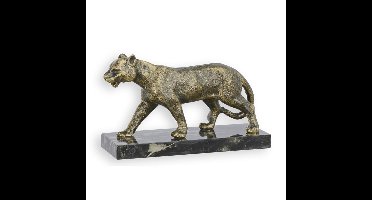 A CAST IRON LIONESS ON MARBLE BASE