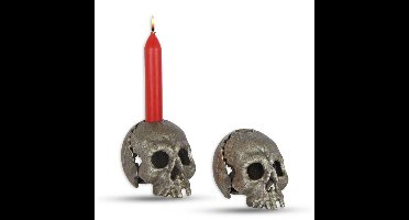 A CAST IRON SKULL CANDLE HOLDER, OLD SILVER
