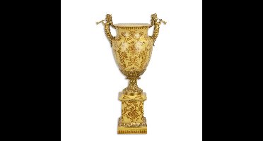 A BRONZE MOUNTED PORCELAIN URN ON BASE