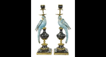 A PAIR OF BRONZE MOUNTED PORCELAIN PARROT CANDLE HOLDERS
