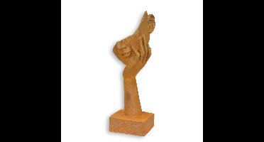 A RUSTY CAST IRON FIGURINE OF A FACE RESTING ON HAND