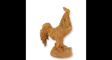 A RUSTY CAST IRON FIGURINE OF A ROOSTER
