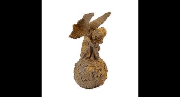 A RUSTY CAST IRON FIGURINE OF A FAIRY ON BALL