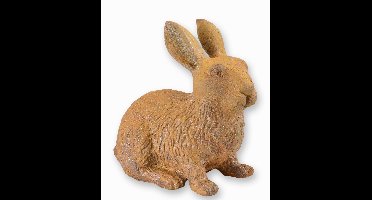 A RUSTY CAST IRON FIGURINE OF A RABBIT