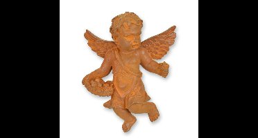 A RUSTY CAST IRON WALL MOUNT PUTTO HOLDING A FRUIT BASKET