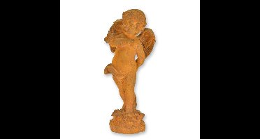A RUSTY CAST IRON FIGURINE OF A PUTTO WITH BUTTERFLY