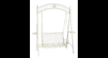 A TWO-SEAT WHITE IRON SWINGBENCH