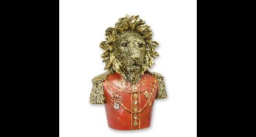 A RESIN BUST OF A DRESSED LION