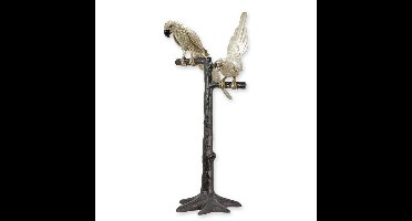 A BRONZE SCULPTURE OF 2 PARROTS SITTING IN A TREE