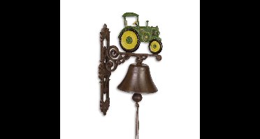 A PAIR OF CAST IRON GREEN AND YELLOW TRACTOR BELLS