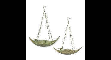 A PAIR OF IRON HANGING LEAF BIRD FEEDERS