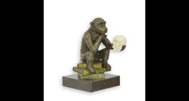 BRONZEN BEELD VAN EEN DARWIN AAP OP BOEKEN ANTIEKE KLEUR