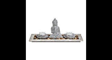 Buddha met 2 theelichthouders, houten dienblad, decoratiestenen van grijs cement (B/H/D) 33x14x14cm