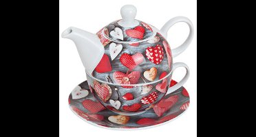 Theepottenset met hartdecoratie, van porselein, 3-delig