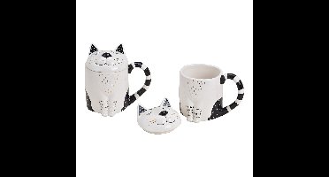 Beker met kat en deksel van keramiek, wit, zwart, goud (B/H/D) 14x14x10 cm, 300 ml