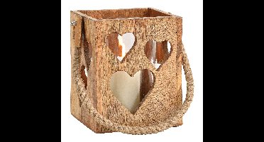 Windlicht met hartdecor van glas en mangohout, naturel (B/H/D) 15x18x15cm