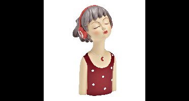 Beeldje vrouw met koptelefoon van poly rood/grijs (B/H/D) 11x24x11cm