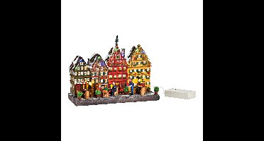 Winterse scène stadshuizen met LED-licht, van poly, bont (B/H/D) 26x20x11 cm, werkt op 3x AA-batterijen, niet inbegrepen