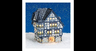 Wurm lichthuis "Boekhandel" met glazen ruit van porselein, blauw/wit (B/H/D) 15x15x17 cm