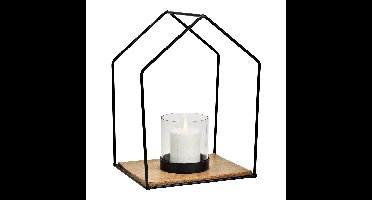 Windlicht huis van metaal/glas zwart (B/H/D) 26x34x20cm