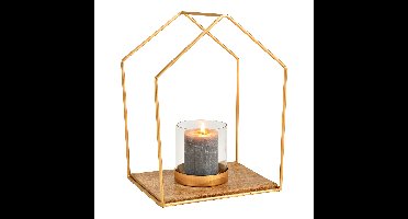 Gouden windlicht in huisvorm van metaal, glas en mangohout (B/H/D) 26x34x20 cm