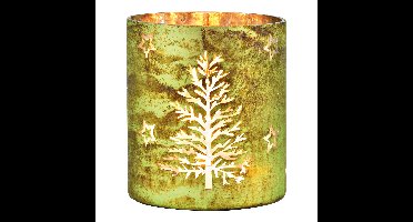 Windlicht met boom- en sterdecor van groen glas (B/H/D) 15x17x15 cm
