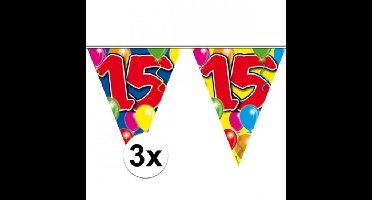15 jaar verjaardag vlaggenlijn/vlaggetjes - 3x - kunststof - 10 meter - eenzijdig