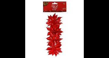 Decoratie bloemen - op clip - 4x - rood - 9,5 cm - kunststof - kerstbloemen