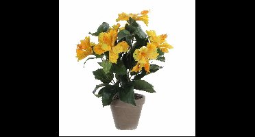 Mica Decorations Kunstplant Hibiscus - geel - H40 x D30 cm - grijze pot