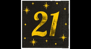 Verjaardag feest servetten - leeftijd 21 jaar - 16x stuks - zwart/goud - sterren - 33 x 33 cm