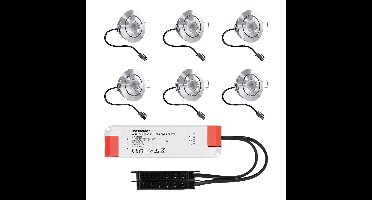 Set van 6 Lavanto LED Mini Inbouwspots met trafo - 12 Volt 3 Watt 200 lumen - Kantelbaar - Plat 30mm - 2700K - IP44 waterdicht - RVS