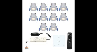 Set van 10 Milano LED Mini Inbouwspots met trafo en muurdimmer - 12 Volt 3 Watt 200 lumen - Dimbaar - Plat 34mm - 2700K - IP65 waterdicht - Grijs