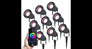 Set van 9 Smart LED Prikspots - RGBWW - Kantelbaar - IP44 Vochtbestendig - Aluminium - Tuinspot - Geschikt voor in de tuin - Zwart - 3 jaar garantie