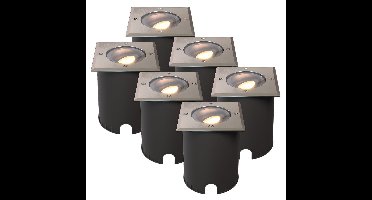 Set van 6 Cody LED Grondspots RVS - GU10 4,4 Watt 345 lumen dimbaar - 2700K warm wit - Kantelbaar - Overrijdbaar - Vierkant - IP67 waterdicht