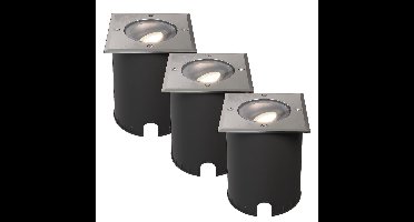 Set van 3 Cody LED Grondspots RVS - GU10 4,5 Watt 345 lumen dimbaar - 4000K neutraal wit - Kantelbaar - Overrijdbaar - Vierkant - IP67 waterdicht