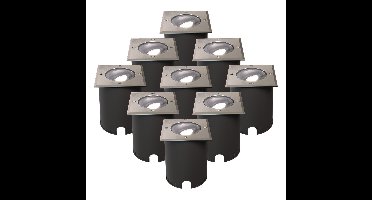 Set van 9 Cody LED Grondspots RVS - GU10 4,5 Watt 345 lumen dimbaar - 6500K Daglicht wit - Kantelbaar - Overrijdbaar - Vierkant - IP67 waterdicht