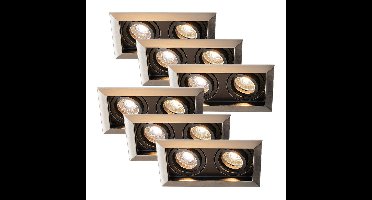 Set van 6 Durham - LED Inbouwspot - 8 watt 690 lumen - 2700K Warm wit - Dubbel - GU10 - Kantelbaar - Verzonken - IP20 voor binnen - Rechthoek - RVS