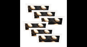 Set van 6 Durham - LED Inbouwspot - 8 watt 690 lumen - 2700K Warm wit - Dubbel - GU10 - Kantelbaar - IP20 voor binnen - Rechthoek - Wit/Zwart